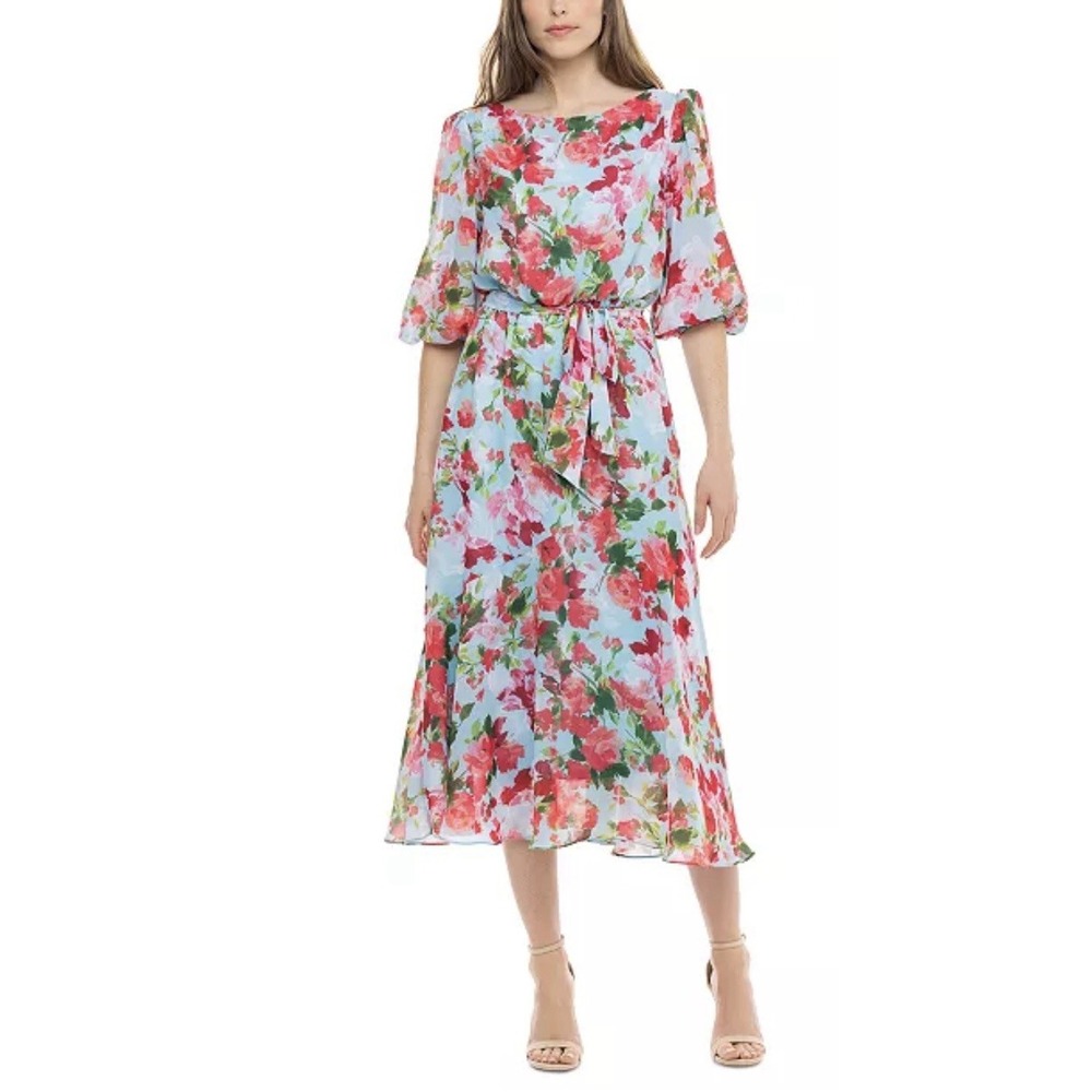 Donna Ricco Printed Tie-Waist Midi Dress Size 8 Multi Floral Sheer Sleeve NWT